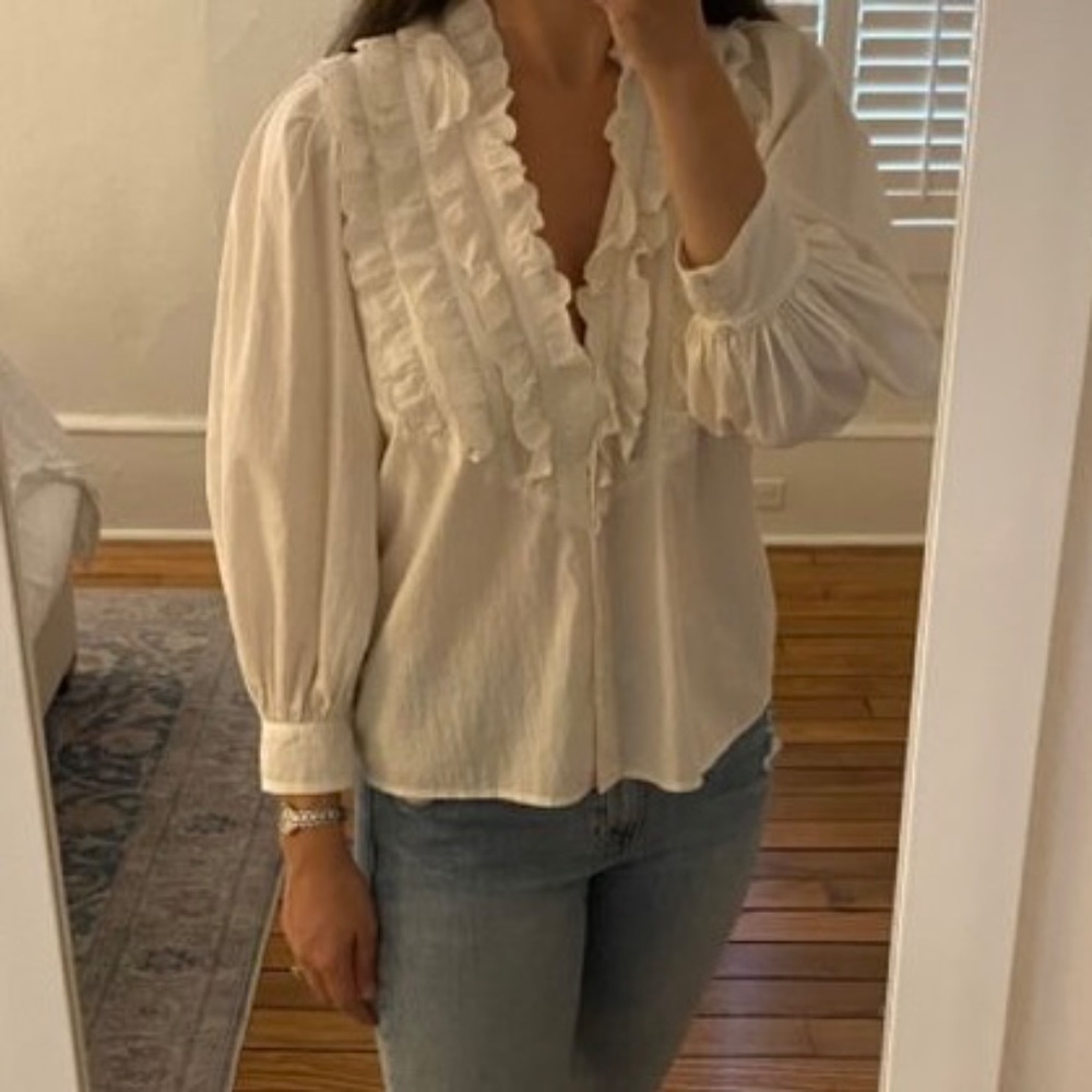 The Great. Cream Ruffled Long Sleeve Top